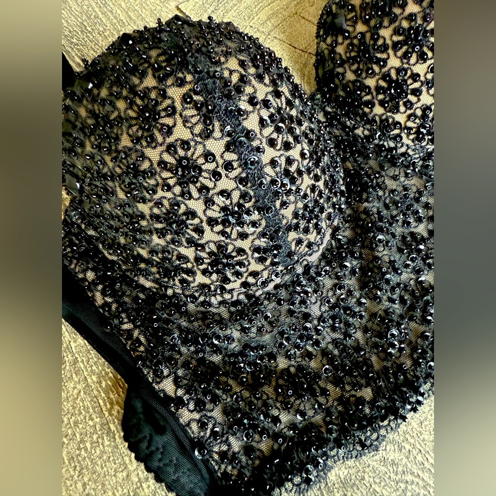 Bebe Sexy Black Beaded and Sequin Underwire Padded Bralette with scalloped edges